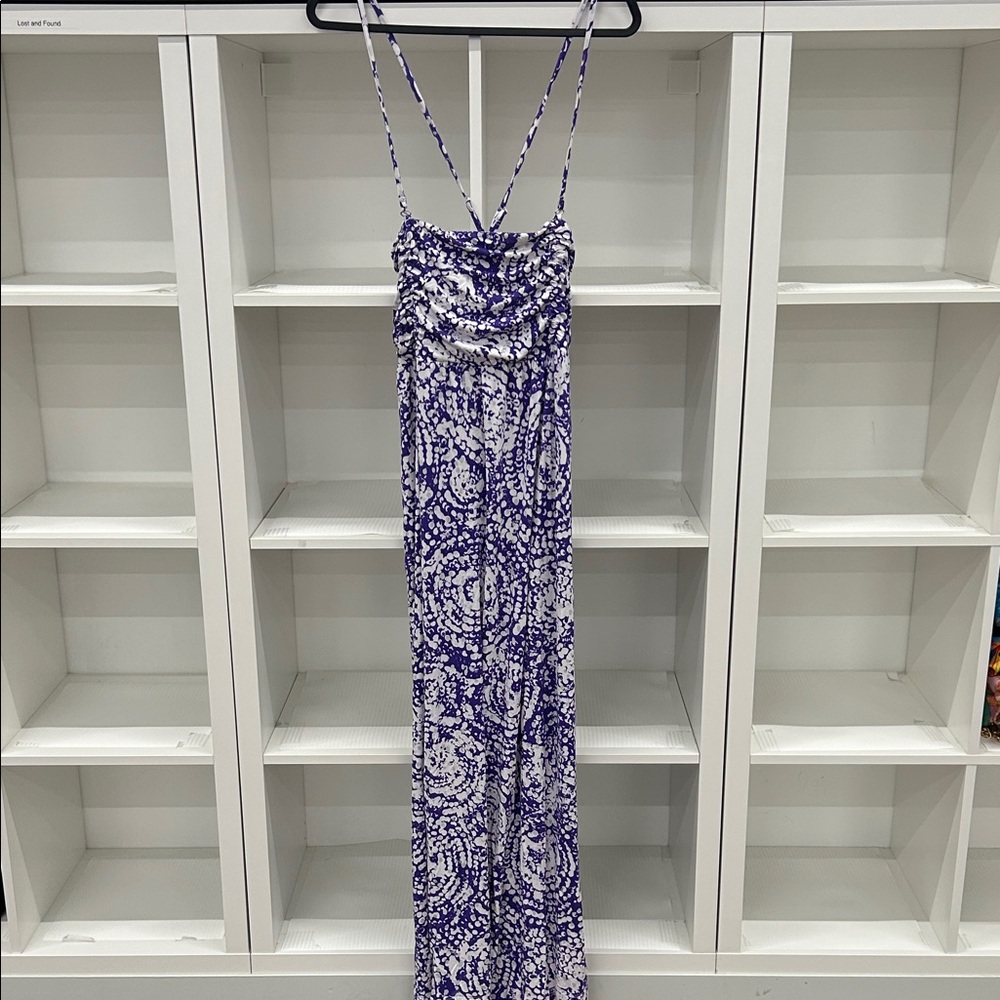 Purple & White Patterned Spaghetti-Strap Maxi Dress
